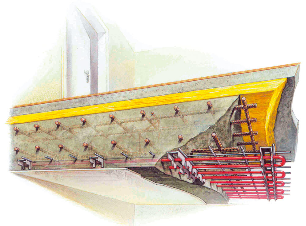 Schéma systému stropného chladenia integrovaného priamo v železobetónovej stropnej doske.
