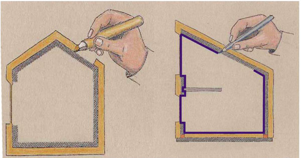 Tepelnoizolačný obal a rovina neprievzdušnosti vľavo – neprerušovaná tepelná izolácia bez väčších oslabení, vpravo – súvislá rovina neprievzdušnosti (vzduchotesnosti) okolo celého interiéru okolo celého domu