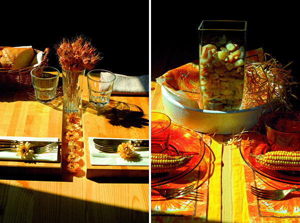 Jedálenský stôl svojím zdravým sedliackym rozumom využil slnečné farby jesene. Nech sa páči, k stolu. Obed s jesennou noblesou je pripravený. (foto: Janetta Bublíková)