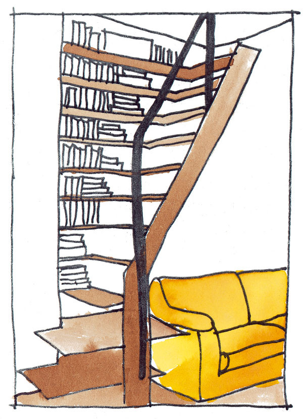 Asi najčastejšie sa stretneme s kumulovanou funkciou police na knihy a schodiska. Výška knižnice môže byť odstupňovaná tak, že jej hornú časť tvorí schodisko alebo jednotlivé stupne schodiska prechádzajú plynulo do políc na knihy. Existuje viacero materiálových a konštrukčných variantov – od postupne naukladaných skriniek v tvare úsporného „mlynárskeho“ schodiska (ktorým je nutné vychádzať vždy rovnakou nohou na rovnaký stupeň) cez betónový monolit s architektonicky stvárnenými otvormi na knihy až po špeciálnu kovovú či drevenú konštrukciu, ktorá plní nielen funkciu schodiska a knižnice, ale aj odkladacieho stolíka či posedenia. Originálne vyzerá vyplnenie celého podschodiskového priestoru domácou vínotékou na mieru.