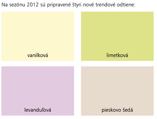 Na sezónu 2012 sú pripravené štyri nové trendové odtiene: vanilková, limetková, levanduľová, pieskovo šedá