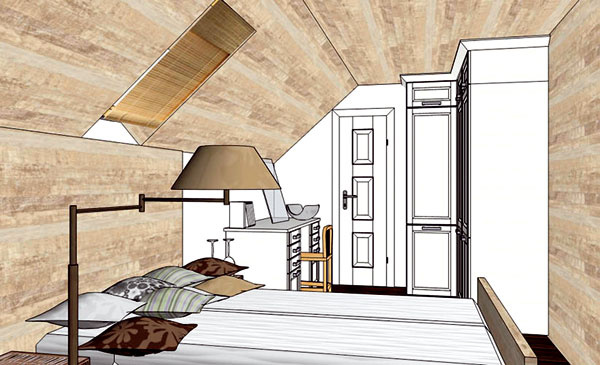 Návrh interiéru podkrovnej spálne, v ktorej dominuje drevo.