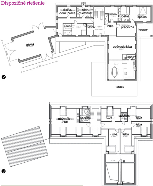 2 Dom je rozdelený do niekoľkých zón. Garáž, ktorá je jedným zo vstupov do domu, je prepojená s technickou časťou. Tá je, naopak, pomerne výrazne oddelená od obytnej časti domu – medzi nimi sa nachádza hala so schodiskom vedúcim do podkrovnej časti usadlosti.  3 Podkrovie poskytuje útulné priestory, bolo vystavané ako obytná zóna. Tvorí ho päť menších izieb a obývacia izba s kuchyňou a kúpeľňou. Spálňa s prístupom do kúpeľne je na prízemí.