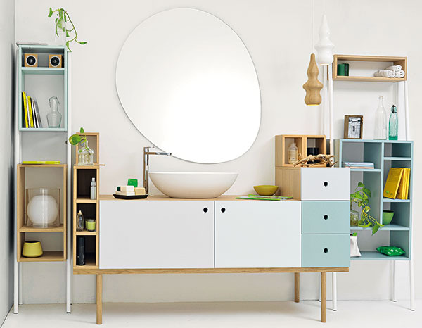 Nádych retra. Originálne nábytkové zostavy Collage vanity unit od ex.t, dizajn Sigrid Strömgren, dôsledne narábajú s farbami, tvarmi a doplnkami. Do kúpeľne vnesú originalitu a vy môžete byť kreatívni.