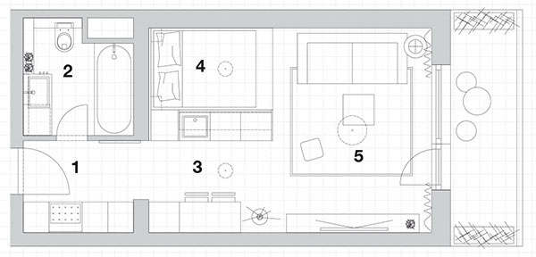 1.	vstup 2.	kúpeľňa + WC 3.	kuchyňa 4.	jedálenská časť  5.	spálňová časť 6.	obývacia časť