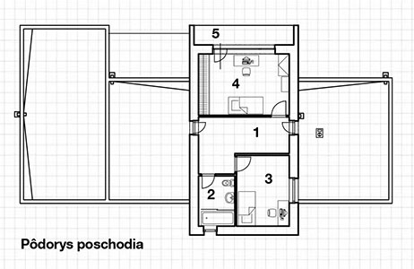 Poschodie   1 chodba, schodisko 2 kúpeľňa, WC 3 hosťovská izba 4 detská izba 5 balkón