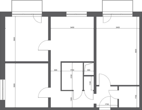Pôvodný stav, 60,63 m2   (obytná plocha 56,03 m2 + kúpeľňa a WC 4,6 m2)