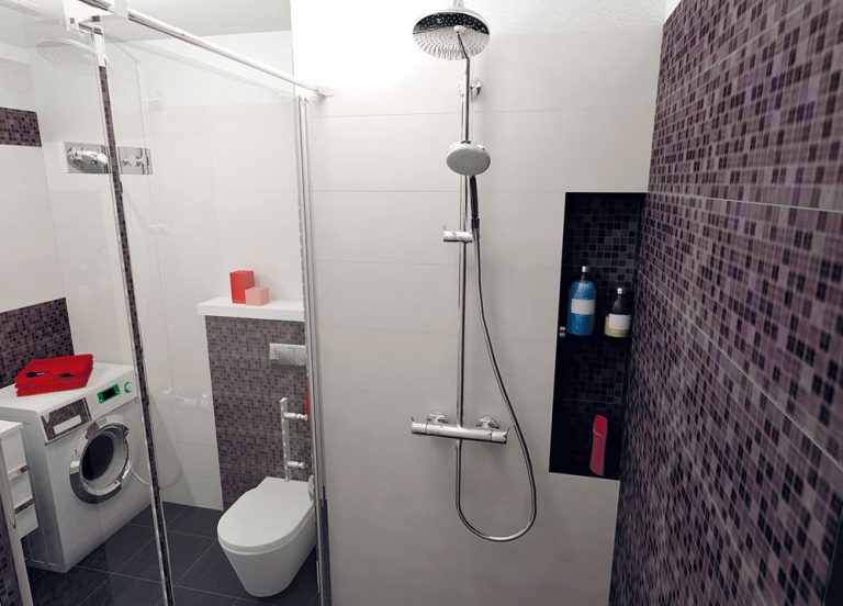 V sprchovacom kúte je v prímurovke vytvorená nika, ktorá môže slúžiť na šampóny a sprchovacie gély. Pohodlie pri sprchovaní zvýši sprchová súprava, ktorá je kombináciou ručnej sprchy s hornou dažďovou.