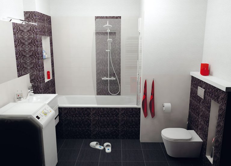 Komfortné sprchovanie zabezpečuje súprava s ručnou a hornou sprchou, ktorá je umiestnená za vaňovou zástenou – tak, aby ste pri sprchovaní nespôsobili v kúpeľni potopu. (pohľad odo dverí)