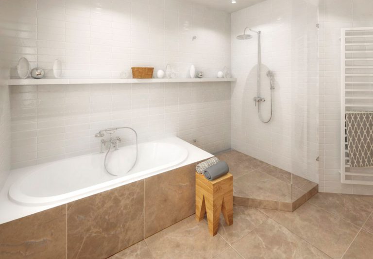 Variant 2 – zabudovaná vaňa s otvoreným „Walk-In“ sprchovacím kútom, tvarom prispôsobeným pôdorysu miestnosti.