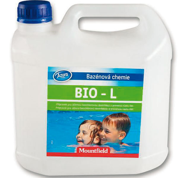 Bezchlórová bazénová chémia Azuro BIO-L 3l, účinne dezinfikuje vodu a zabraňuje množeniu baktérií rias, vhodná do všetkých typov bazénov, nutné používať s prípravkom Azuro OXI-L, 24,35 € v akcii, Mountfield