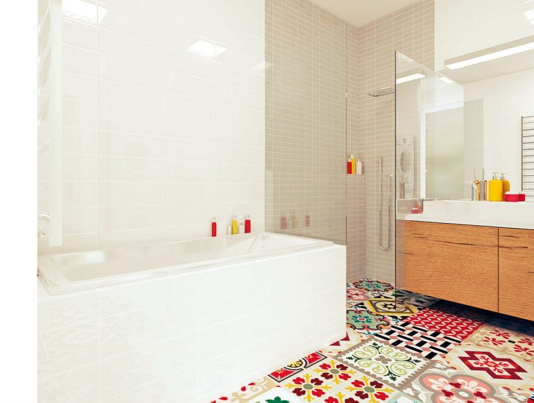 Sprchovací kút vyplnil roh miestnosti medzi umývadlom a vaňou. Jeho proporcie sú aj vďaka subtílnym skleneným stenám pomerne veľkorysé.