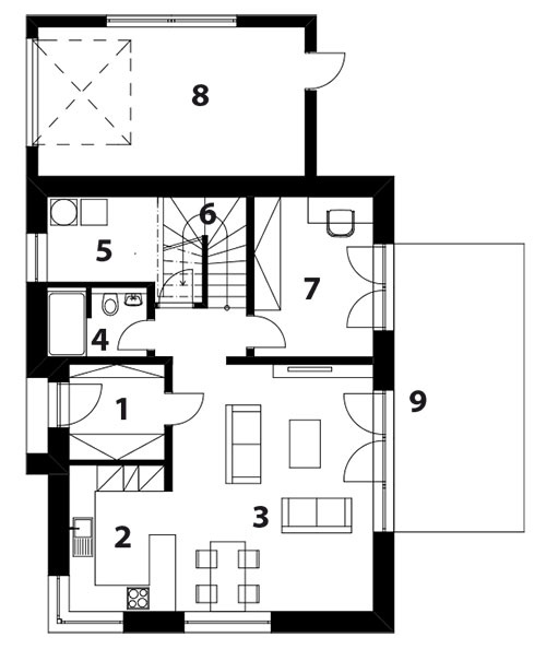 Pôdorys 1. NP 1 vstup do domu 2 kuchyňa 3 obývacia izba s jedálňou 4 kúpeľňa 5 technická miestnosť 6 schodisko 7 izba/pracovňa 8 garáž 9 terasa