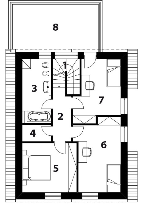 Pôdorys 2. np 1 schodisko 2 hala 3 kúpeľňa 4 šatník 5 spálňa rodičov 6 izba 7 izba 8 terasa