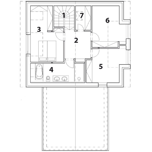 Pôdorys 1. poschodia 1 schodisko  2 chodba  3 spálňa  4 kúpeľňa  5 izba  6 izba  7 šatňa