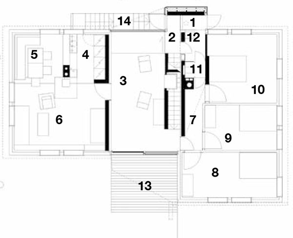 Pôdorys prízemia 1 vstup do domu 2 chodba 3 hala so schodiskom 4 kuchyňa 5 jedáleň 6 obývacia izba 7 chodba 8 izba 9 izba 10 izba 11 WC 12 kúpeľňa 13 terasa 14 schodisko