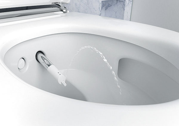 Samostatná dámska sprcha ponúka funkciu obzvlášť jemného sprchovacieho prúdu. Ak sa práve nepoužíva, je hygienicky chránená v zasunutej polohe. 