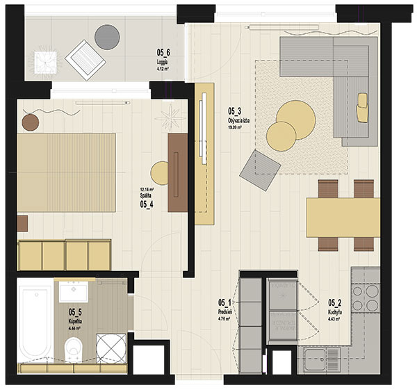Pôdorys bytu 2 + kk, podlahová plocha vrátane lodžie: 49 m2