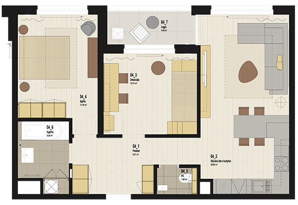 Podorys bytu 3 + kk, podlahová plochy vrátane lodžie: 71,41 m2