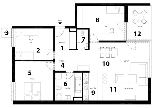 Pôdorys pôvodného stavu 1 vstup do bytu/predsieň 2 izba 3 balkón 4 chodba 5 spálňa 6 kúpeľňa s toaletou 7 toaleta 8 izba 9 kuchyňa 10 jedáleň 11 obývacia izba 12 terasa