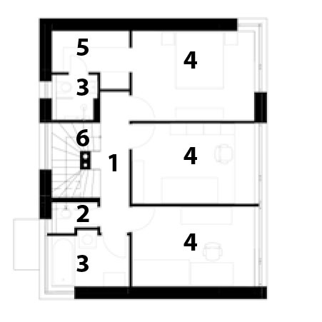 1. poschodie 1 chodba 2 WC 3 kúpeľňa 4 izba 5 šatník 6 schodisko