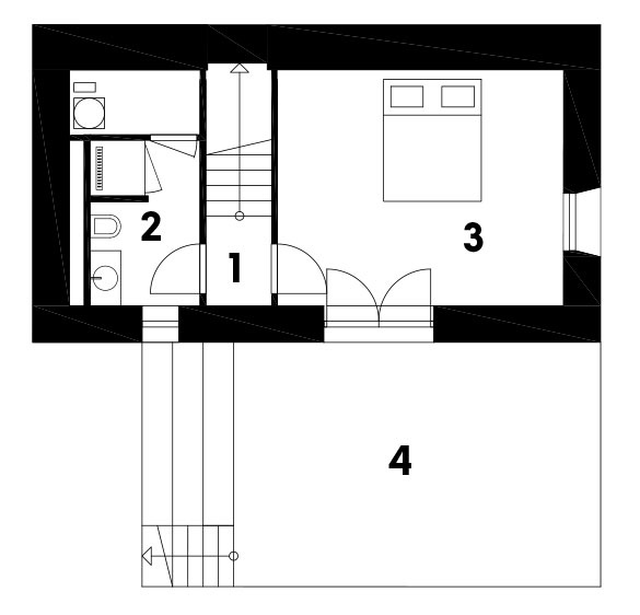1.  podlažie  (Úroveň 1) 1 chodba + schodisko 2 kúpeľňa 3 spálňa 4 terasa