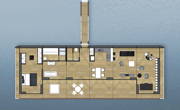 Príklad dispozičného riešenia luxusného objektu PORT X zo šiestich segmentov (úžitková plocha 92 m2 + terasa 48,8 m2)