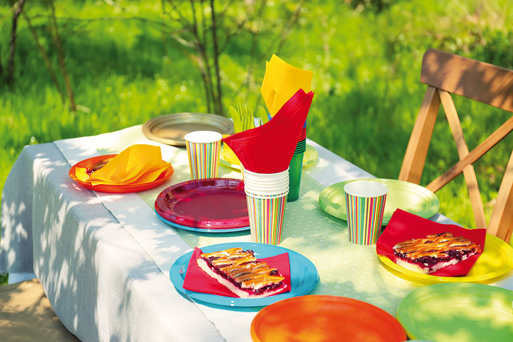 Ak chcete trochu „vytunovať“ letné hodovanie, siahnite po farebných papierových servítkach, pohároch, tanieroch, miskách, prestieraní či po pekných obrusoch – tie dokážu premeniť aj obyčajný piknik v prírode  na veselú slávnosť.