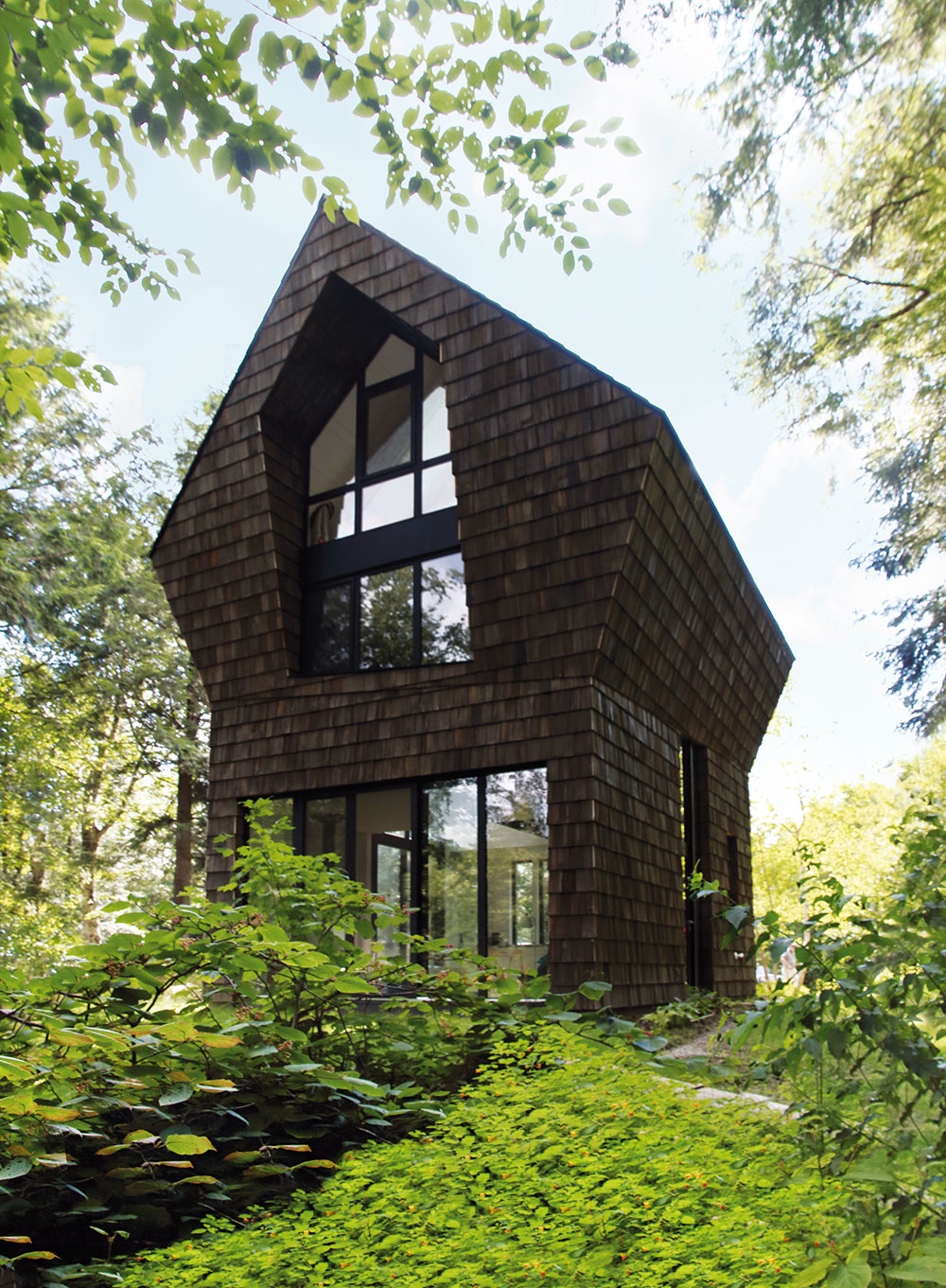 Prepojenie s lesom symbolizuje nielen výška a tvar domu, ale aj vonkajší obklad z tmavého cédru, ktorý sa podobá kôre.