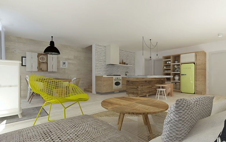 Návrh otvoreného prízemia, ktoré bude slúžiť ako kuchyňa, obývačka i jedáleň
