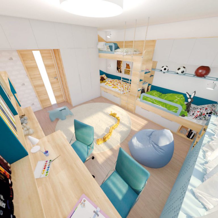 Posuvné dvere do detskej izby by síce boli pri dennom rytme praktickejšie, avšak architektka po zvážení navrhla otváravé, aby mali chlapci viac úložného priestoru.