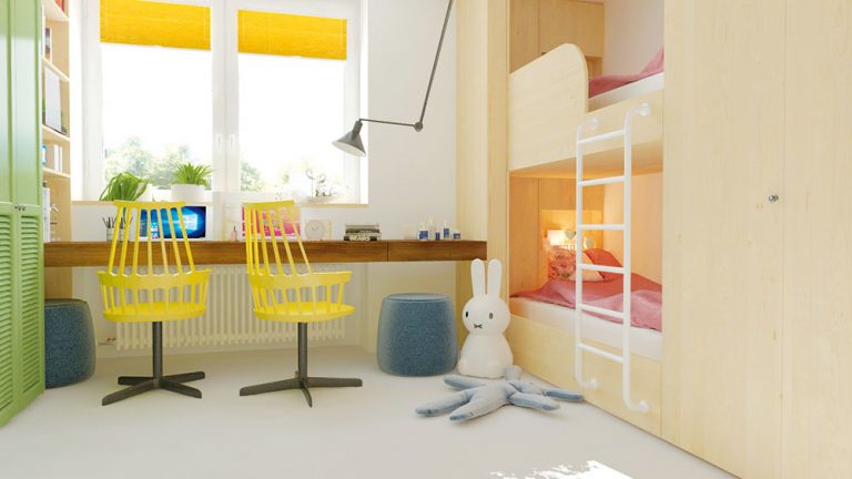 Pestré farby vnášajú do tmavšej izbičky jas a radosť. Žlté otočné kreslá a zelená skriňa veľmi nežne dotvárajú dievčenský charakter izby.