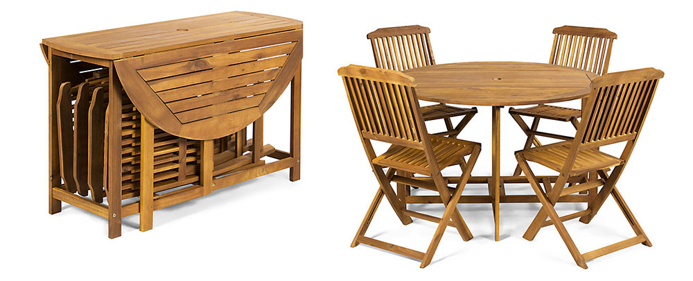 Rozkladací stôl je výborný nielen do malého priestoru. V prípade zostavy od Fieldmann možno zložené stoličky zasunúť pod stôl a minimalizovať tak nároky na skladovanie celej zostavy. Akáciové drevo  nielenže dobre vyzerá, ale je aj pevné a odolné. V strede stola je i praktický otvor na slnečník.  Za 249,90 € ponúka www.andreashop.sk.
