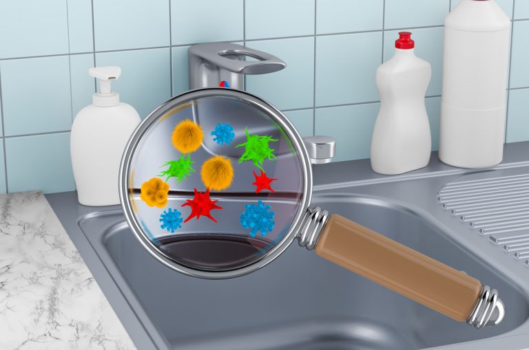 Kitchen sink with germs and bacterias under magnifying glass. 3D rendering isolated on white background
