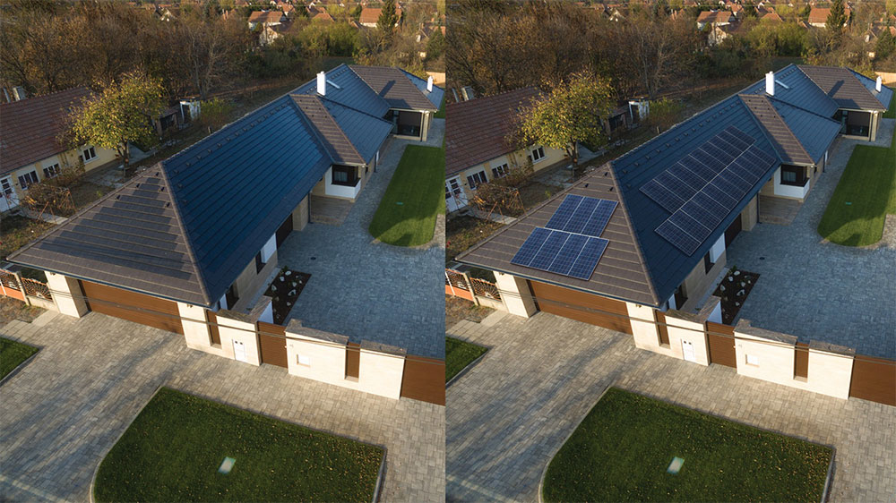 Na obrázku je uvedené porovnanie štandardných solárnych modulov a výrobku Terran Generon. Škridla so solárnymi článkami sa dá úplne zapustiť do roviny strechy, tým vôbec neruší vzhľad okolia.