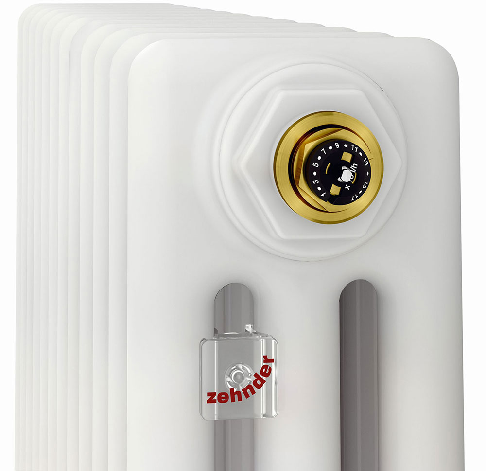 Verzia článkového radiátora Zehnder Charleston Completto s ventilom Q Tech zaistí automatické hydraulické vyvažovanie vo vykurovacej sústave.