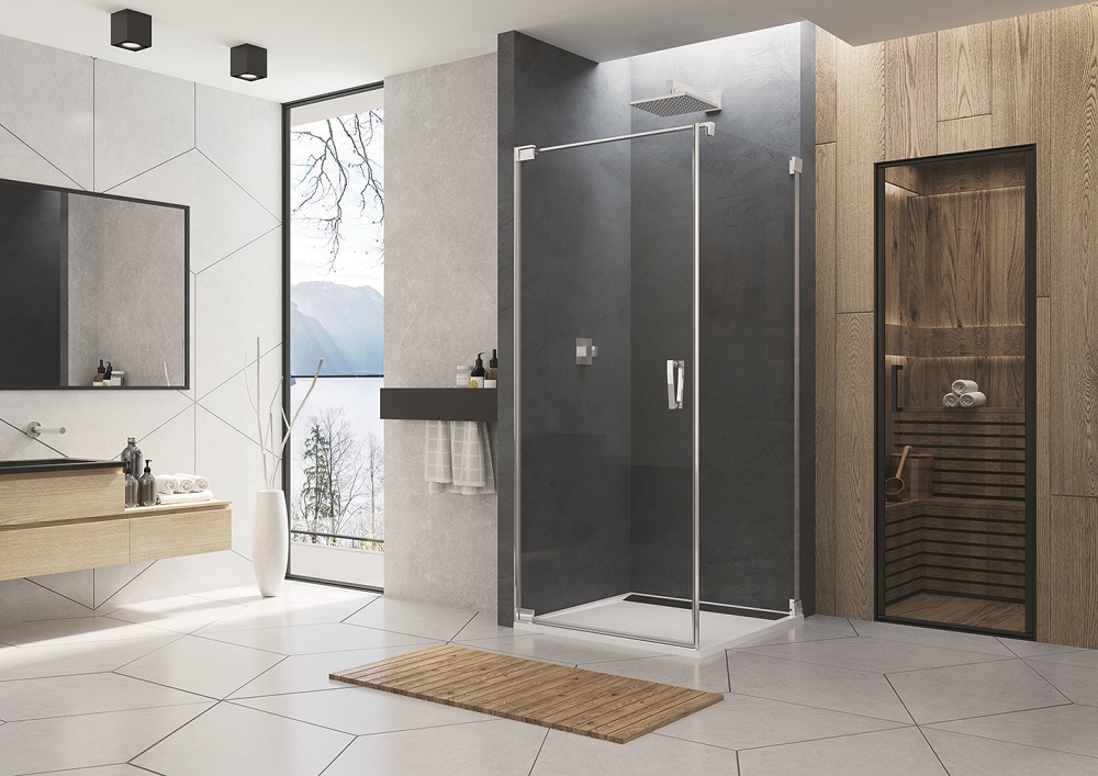 Sprchovací kút CADURA - jednokrídlové dvere s bočnou stenou v 90°. Vanička ILA.