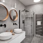 Sprchovací kút v sivej kúpeľni