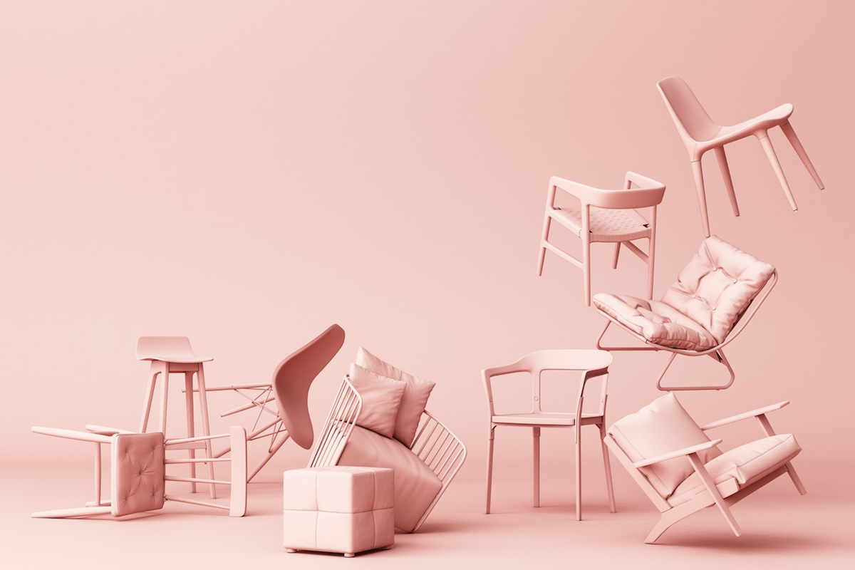 Pastel chairs in empty background. Concept of minimalism & installation art. 3d rendering mock up