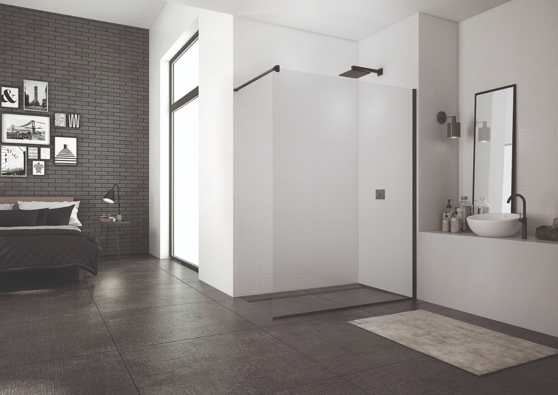 SanSwiss EASY STR4P 69: Pevná stena samostatná s vyrovnávacím profilom, BLACK LINE, dekór skla Loft 69.