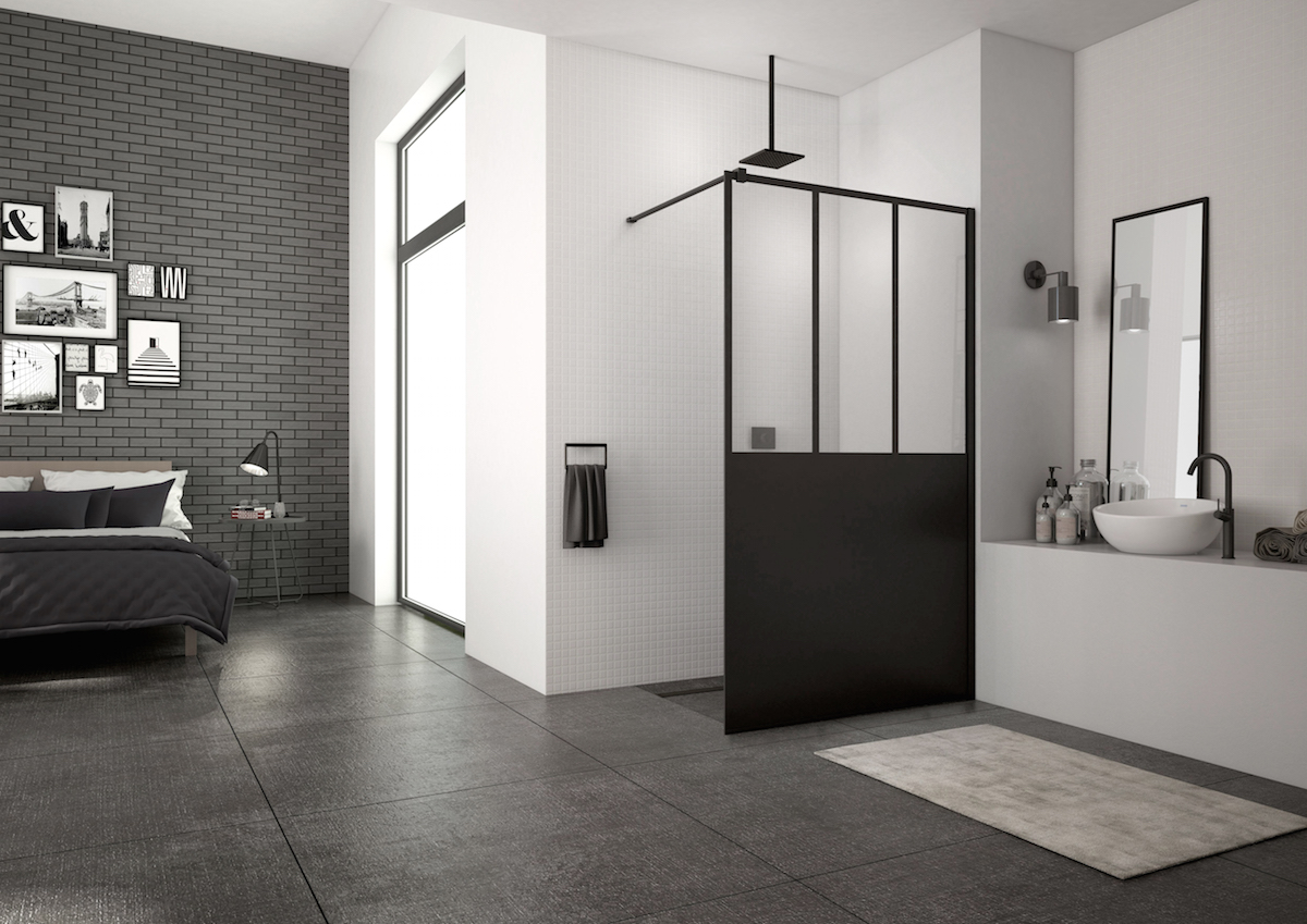 SanSwiss EASY STR4P 69: Pevná stena samostatná s vyrovnávacím profilom, BLACK LINE, dekór skla Loft 69.