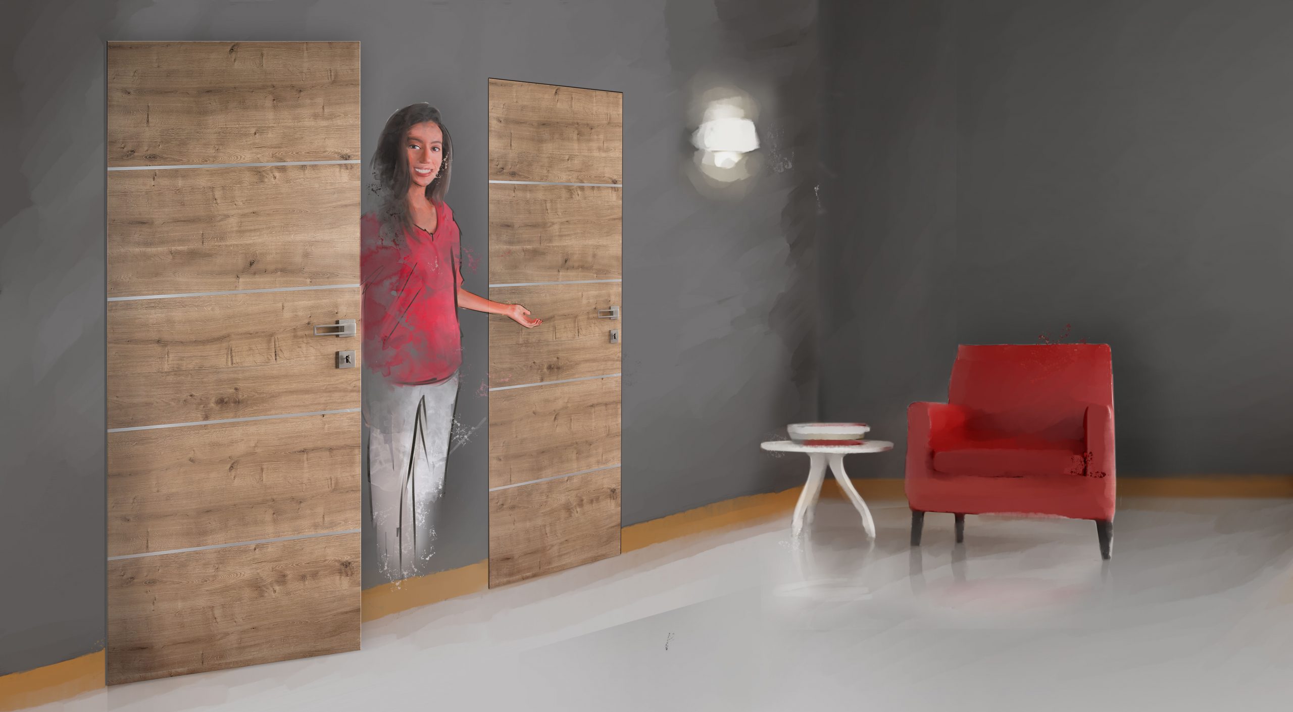 Bezfalcové dvere MASONITE v skrytých zárubniach s povrchovou úpravou CPL lamino prírodný dub s ALU lištami. 