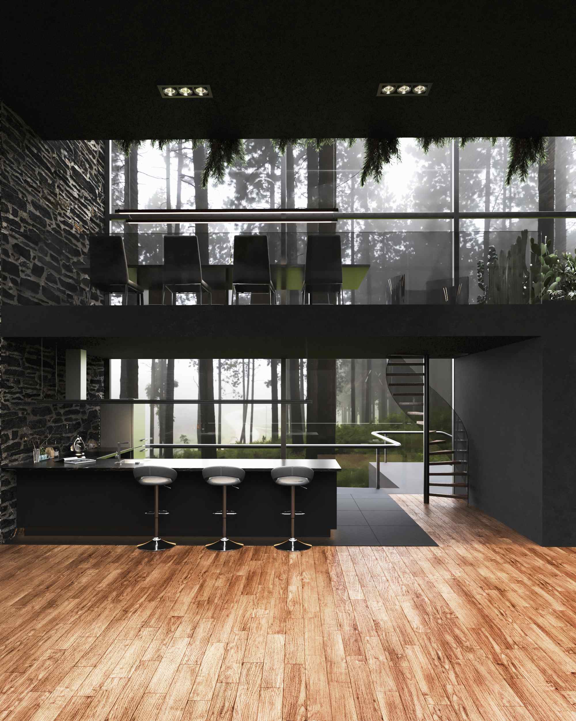 Dve poschodia v modernom dome s kuchyňou a jedálňou