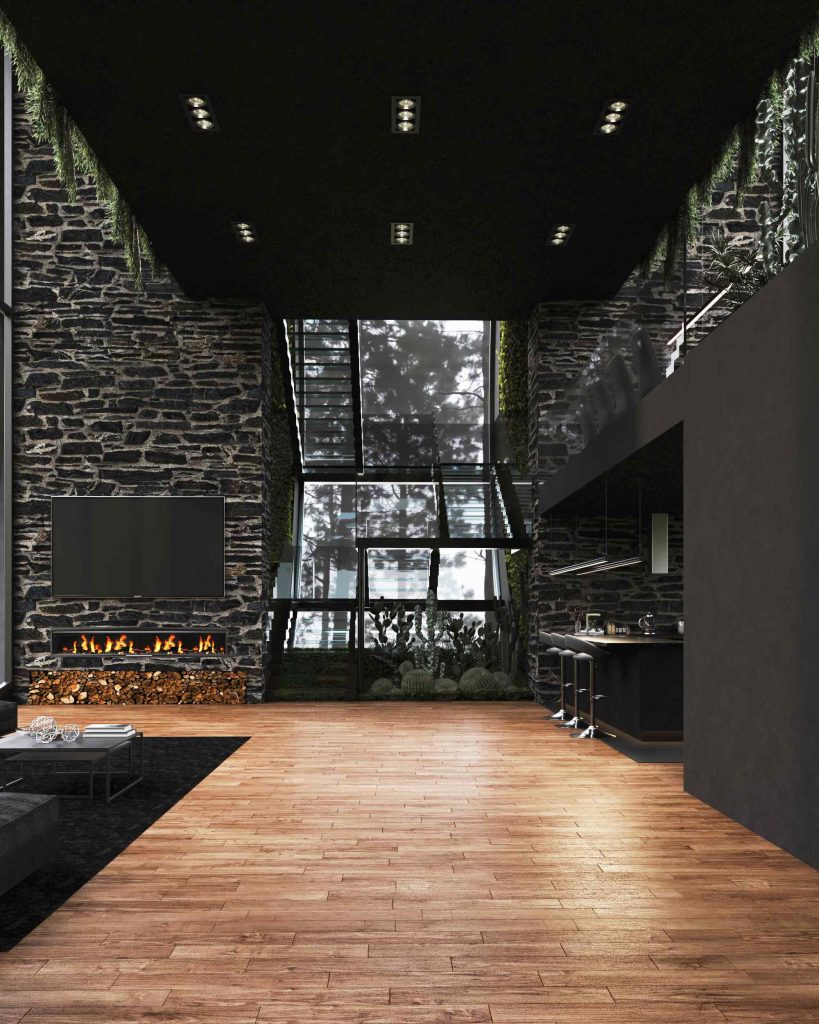 Moderný čierny interiér s drevenou podlahou