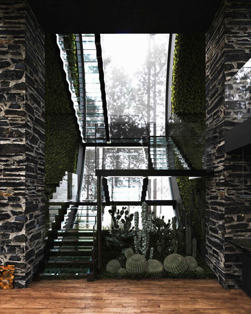 Schodisko v modernom dome s kaktusmi