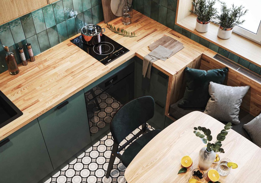 Kuchyňa v zelenej s drevenou doskou
