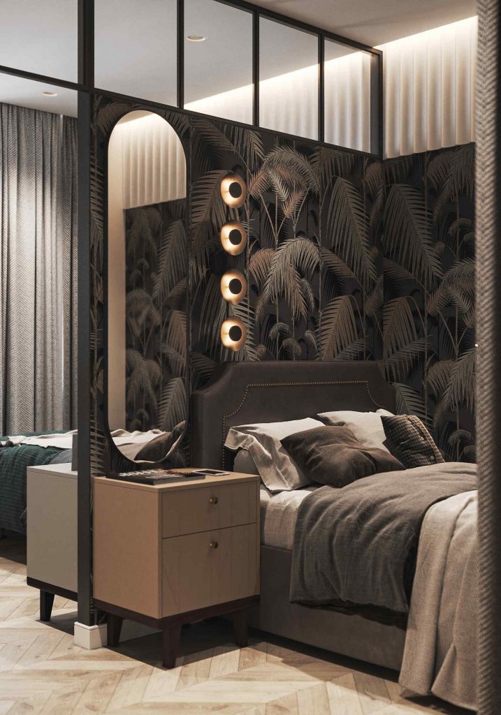 Elegantná spálňa s hnedou vzorovanou tapetou