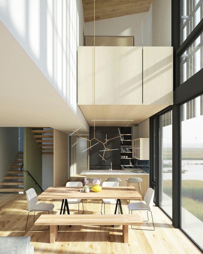 Jedáleň s kuchyňou v modernom presklenom priestore domu