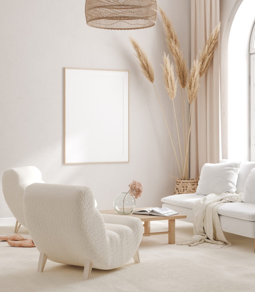Škandinávska boho obývačka v bielej