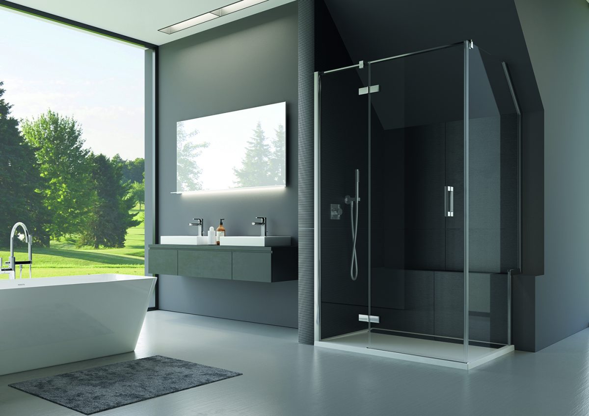 Tmavá moderná kúpeľňa so sprchovacím kútom
